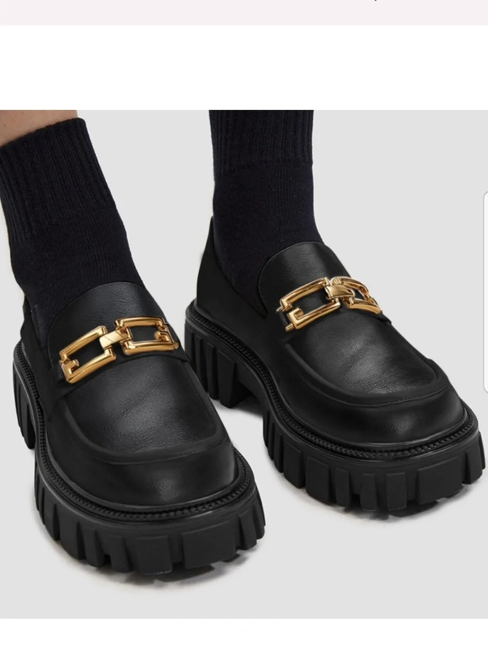 Black Leather Lug-Sole Loafers with Gold Chain Accent